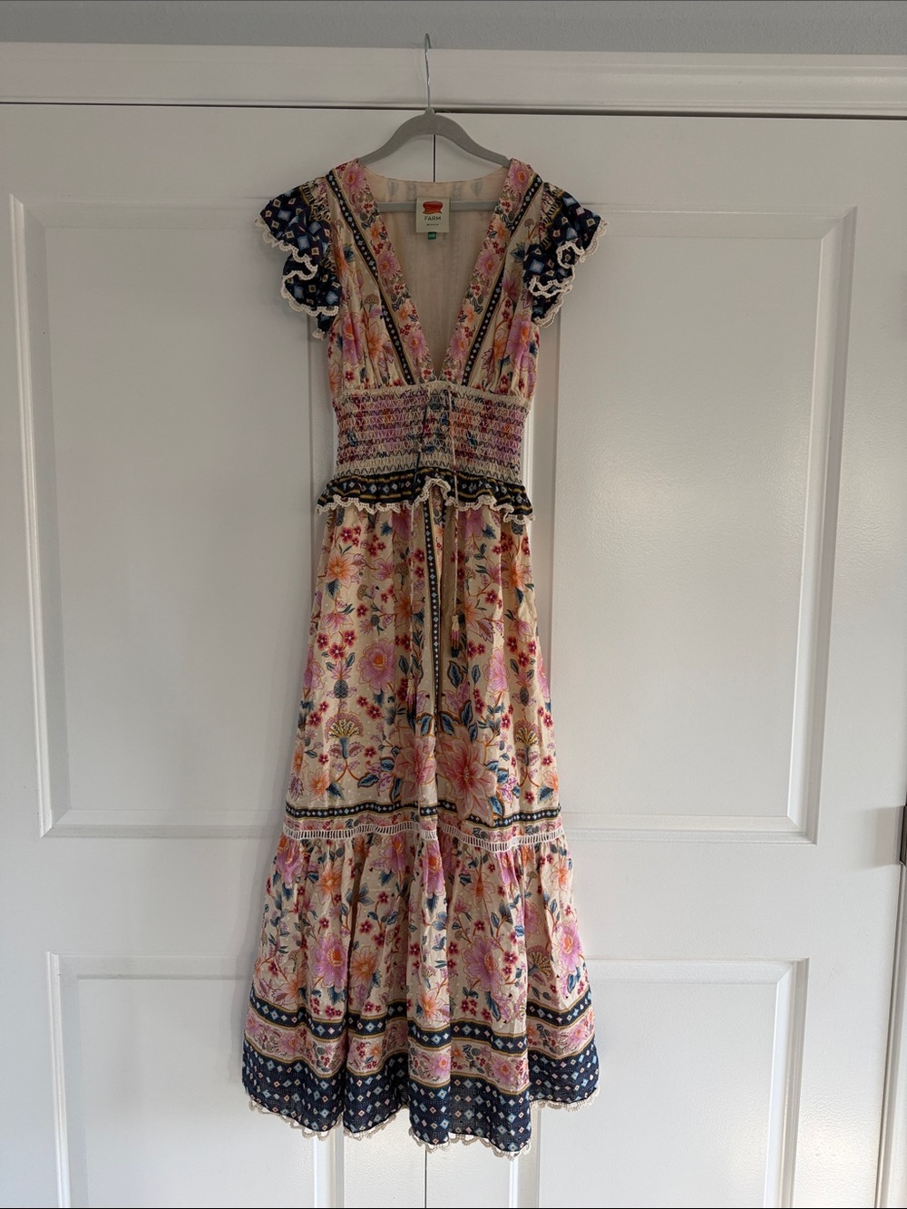 FARM Rio Boho Floral V-Neck Maxi Dress in Pink Navy- XXS